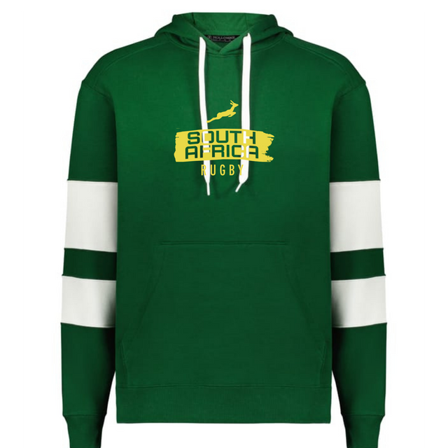 Show your support with the Nations of Rugby South Africa Swoosh Jackson Way Hoodie by WRS Augusta—green with white sleeve stripes, “South Africa Rugby” text, and a yellow springbok. Ideal fan gear!.