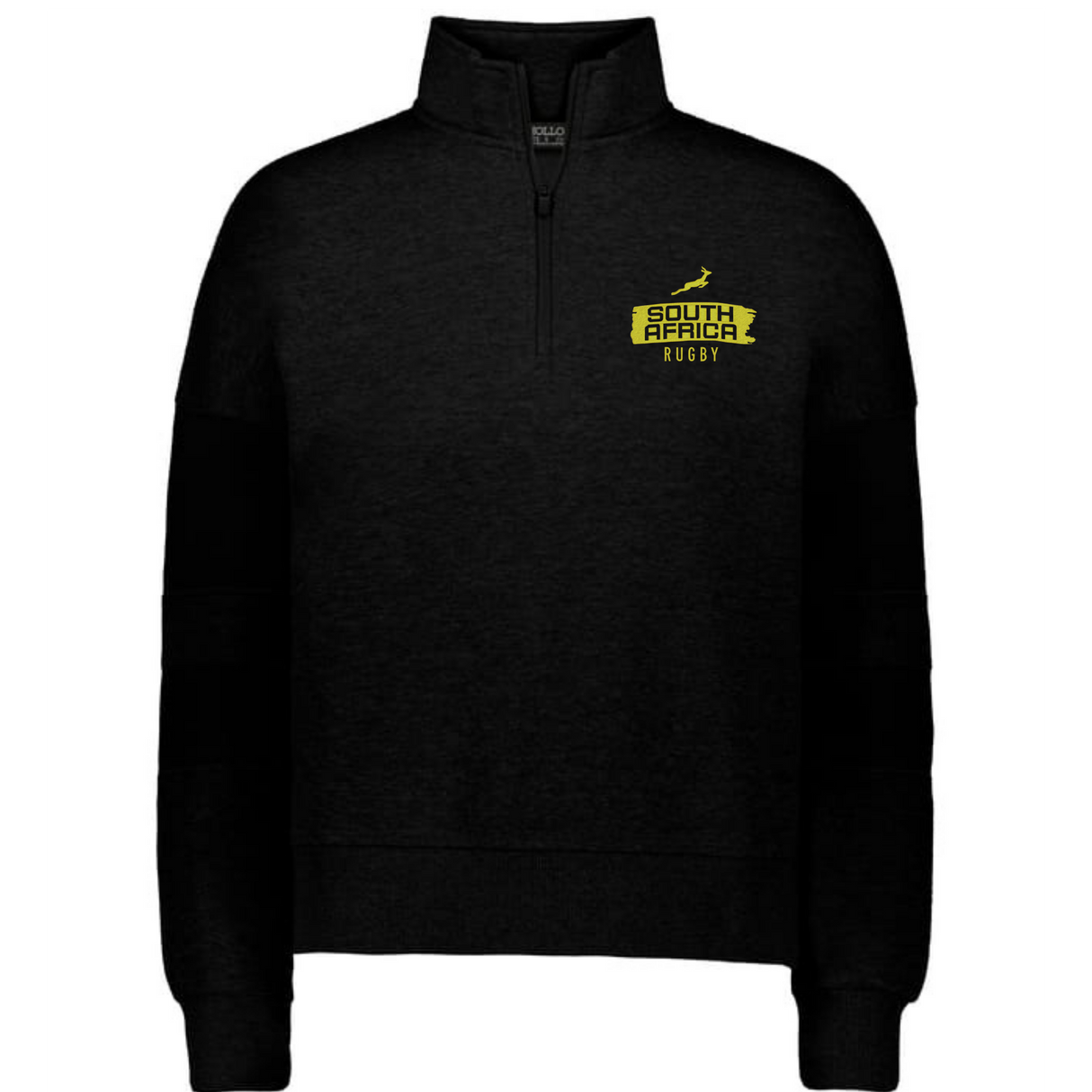 The EMB Augusta Women's Nations of Rugby South Africa Swoosh Jackson Way Pullover is a black quarter-zip featuring a yellow "South Africa Rugby" logo on the left chest.