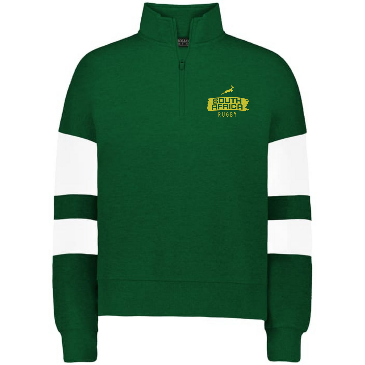 Show your team spirit with the EMB Augusta Women's Nations of Rugby South Africa Swoosh Jackson Way Pullover—a green rugby sweatshirt with white sleeve stripes and a yellow "South Africa Rugby" logo on the chest.