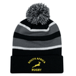 Black and grey striped Nations of Rugby South Africa Hooped Pom-Pom Beanie 24 with an embroidered "South Africa rugby" logo by EMB Augusta.