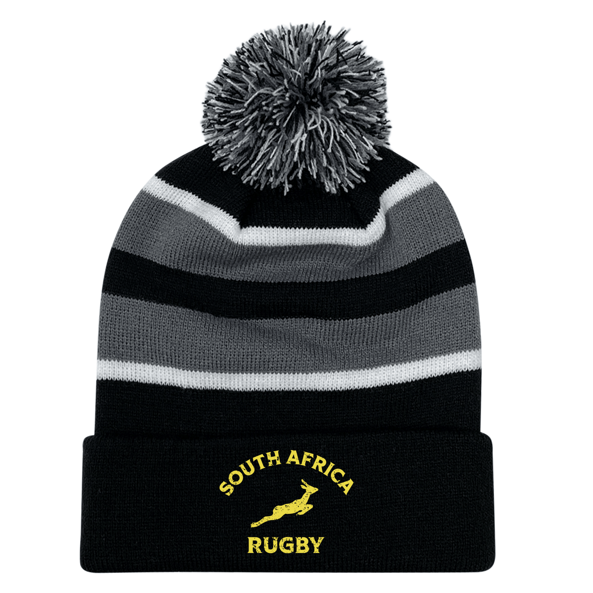 Black and grey striped Nations of Rugby South Africa Hooped Pom-Pom Beanie 24 with an embroidered "South Africa rugby" logo by EMB Augusta.
