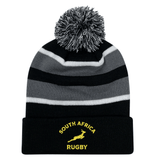 Black and grey striped Nations of Rugby South Africa Hooped Pom-Pom Beanie 24 with an embroidered "South Africa rugby" logo by EMB Augusta.