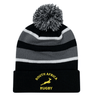Black and grey striped Nations of Rugby South Africa Hooped Pom-Pom Beanie 24 with an embroidered "South Africa rugby" logo by EMB Augusta.
