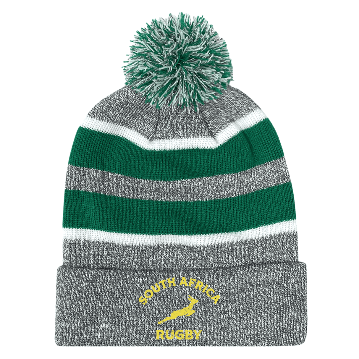 Striped knit headpiece with a pom-pom, featuring an embroidered Nations of Rugby South Africa Hooped logo by EMB Augusta.