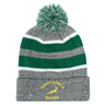 Striped knit headpiece with a pom-pom, featuring an embroidered Nations of Rugby South Africa Hooped logo by EMB Augusta.