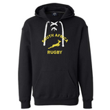 A black Nations of Rugby South Africa Rugby Hockey Hoodie 24 with "South Africa Rugby" text and a graphic of South Africa's map on the front, crafted from ringspun cotton, made by WRS Alpha Broder.