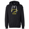 A black Nations of Rugby South Africa Rugby Hockey Hoodie 24 with "South Africa Rugby" text and a graphic of South Africa's map on the front, crafted from ringspun cotton, made by WRS Alpha Broder.