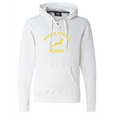 White Nations of Rugby South Africa Rugby Hockey Hoodie 24 made of ringspun cotton with South Africa Rugby logo and a yellow springbok graphic by WRS Alpha Broder.