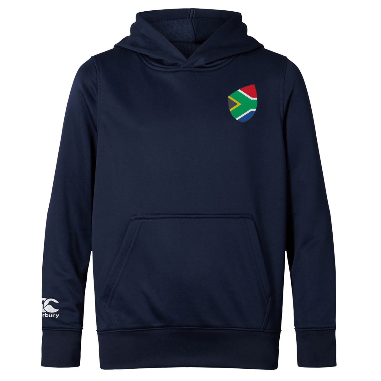 The South Africa Shield Club Lightweight Hoodie by EMB Canterbury is a navy blue, lightweight rugby hoodie with a South African flag emblem on the chest and the Canterbury logo on the sleeve, offering comfort and style to show your support for South Africa.