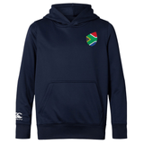 The South Africa Shield Club Lightweight Hoodie by EMB Canterbury is a navy blue, lightweight rugby hoodie with a South African flag emblem on the chest and the Canterbury logo on the sleeve, offering comfort and style to show your support for South Africa.