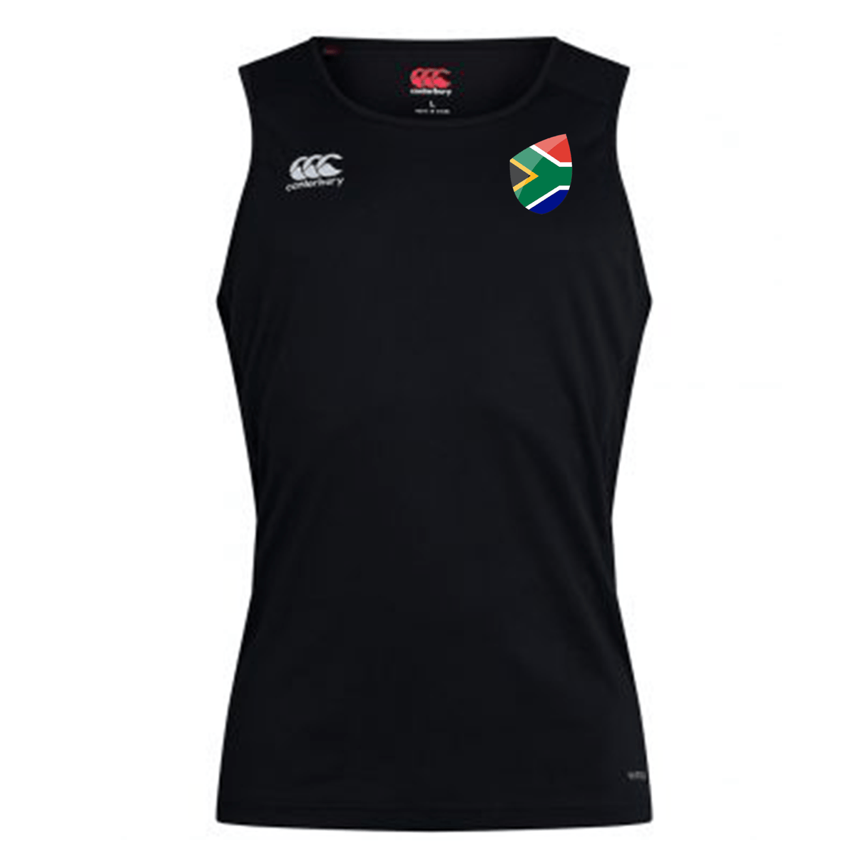 Black sleeveless South Africa Shield Club Dry Singlet featuring the EMB Canterbury logo on the right chest and a South Africa Shield Club on the left chest.