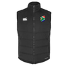 The South Africa Shield Core Gilet by EMB Canterbury is a black, sleeveless gilet with a South Africa Shield flag patch and a white logo on the front.