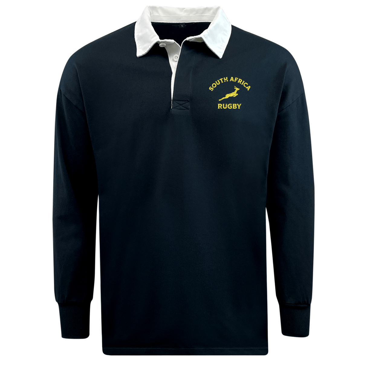 Classic navy blue rugby jersey with white collar and EMB Mudoo South Africa Rugby logo on the chest.