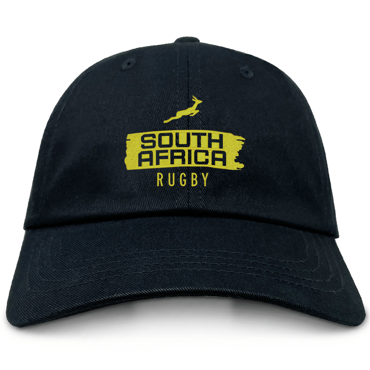 The EMB S&S Activewear Nations of Rugby South Africa Brush Stroke Dad Cap is a black dad cap with a yellow springbok and "South Africa Rugby" logo embroidered on the front—ideal for fans and collectors.