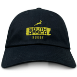 The EMB S&S Activewear Nations of Rugby South Africa Brush Stroke Dad Cap is a black dad cap with a yellow springbok and "South Africa Rugby" logo embroidered on the front—ideal for fans and collectors.