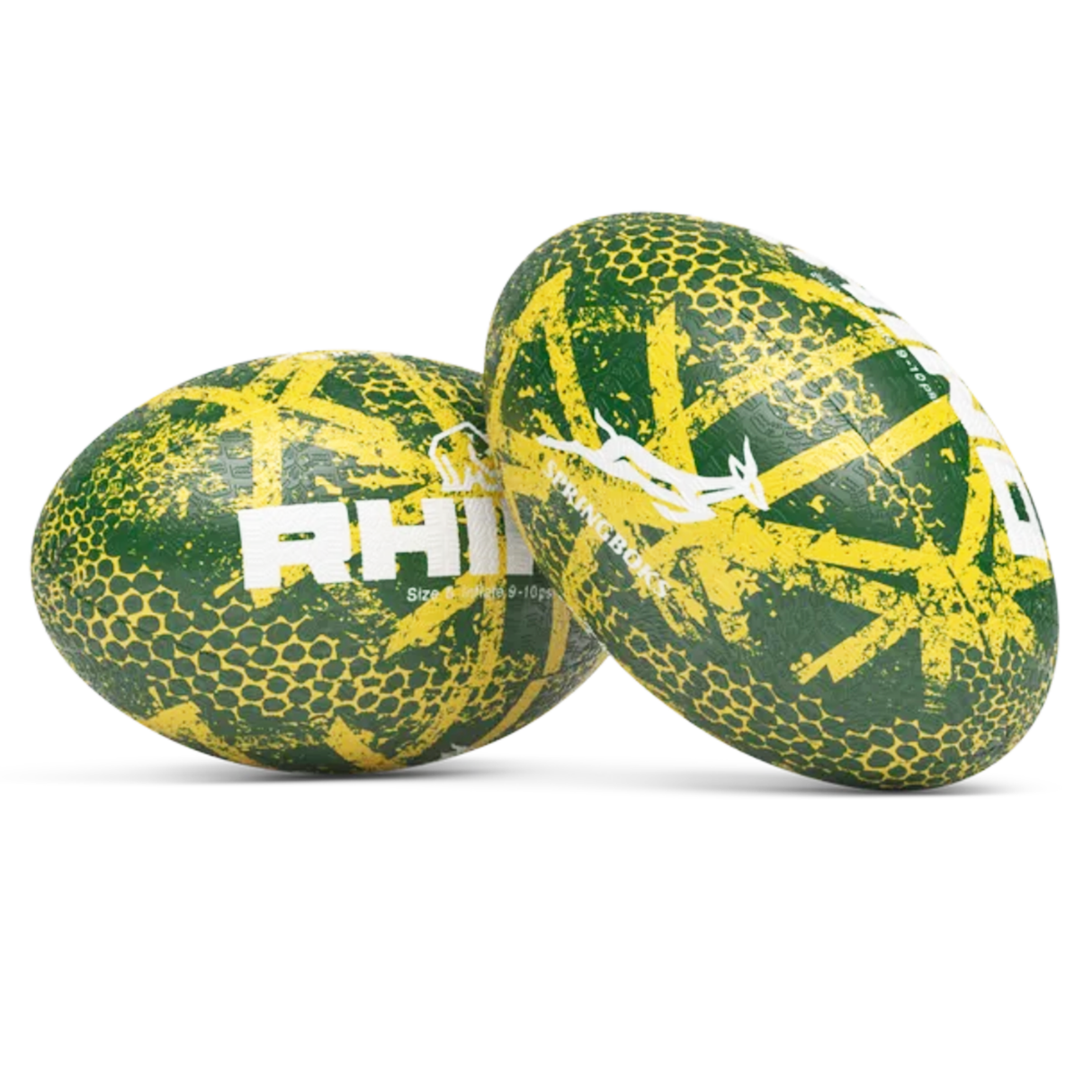 Two Rhino South Africa Springboks Graffiti Balls in green and yellow, with a cracked graffiti pattern and "RHINO" printed in white on the sides, are displayed on a white background.