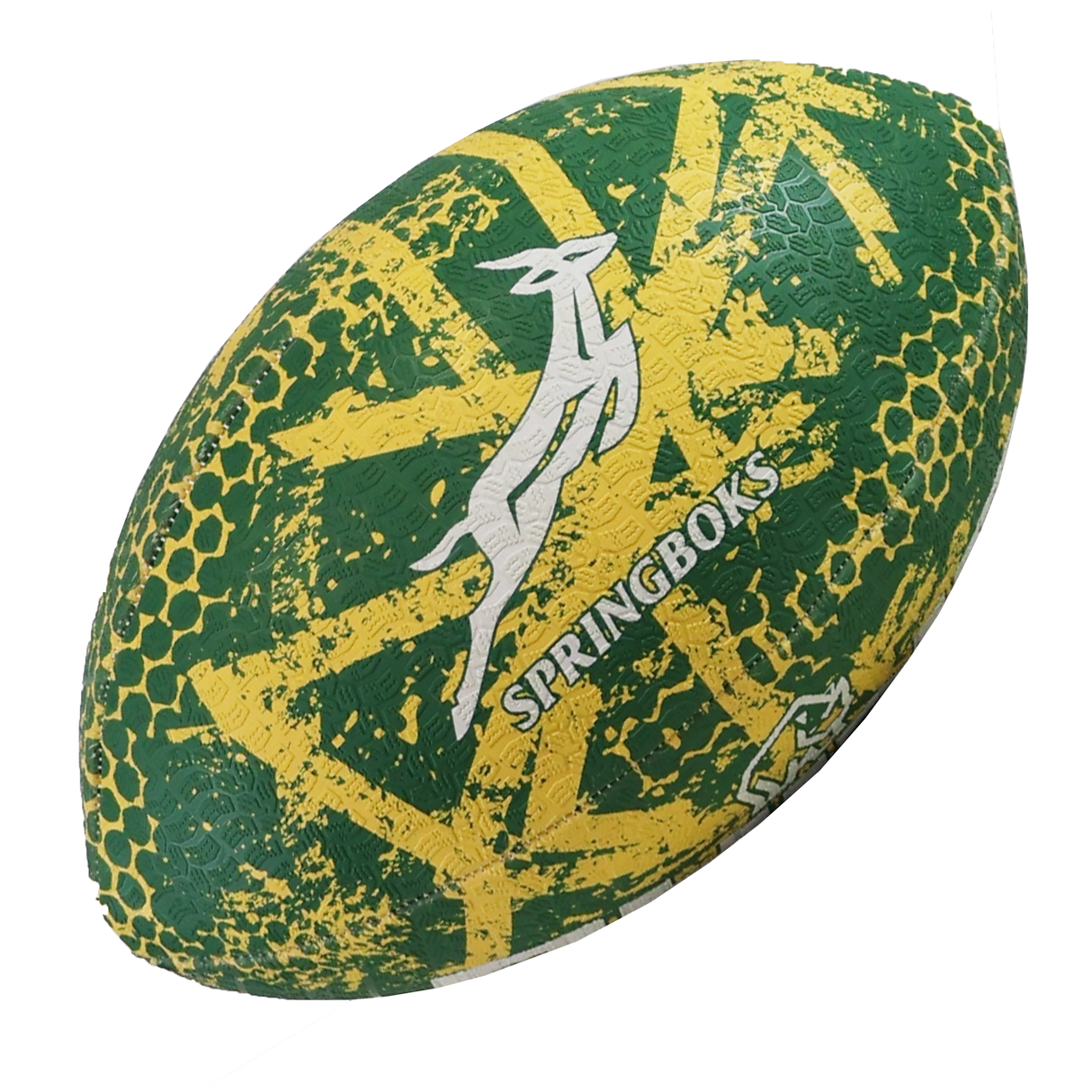 The Rhino South Africa Springboks Graffiti Ball is a green and yellow rugby ball featuring the white springbok logo and "Springboks" printed on it.