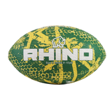 The Rhino South Africa Springboks Graffiti Ball is a green and yellow Size 5 rugby ball with "RHINO" branding and a rhino logo. Inflate to 9-10 psi. Perfect for fans wanting the official Springboks look.