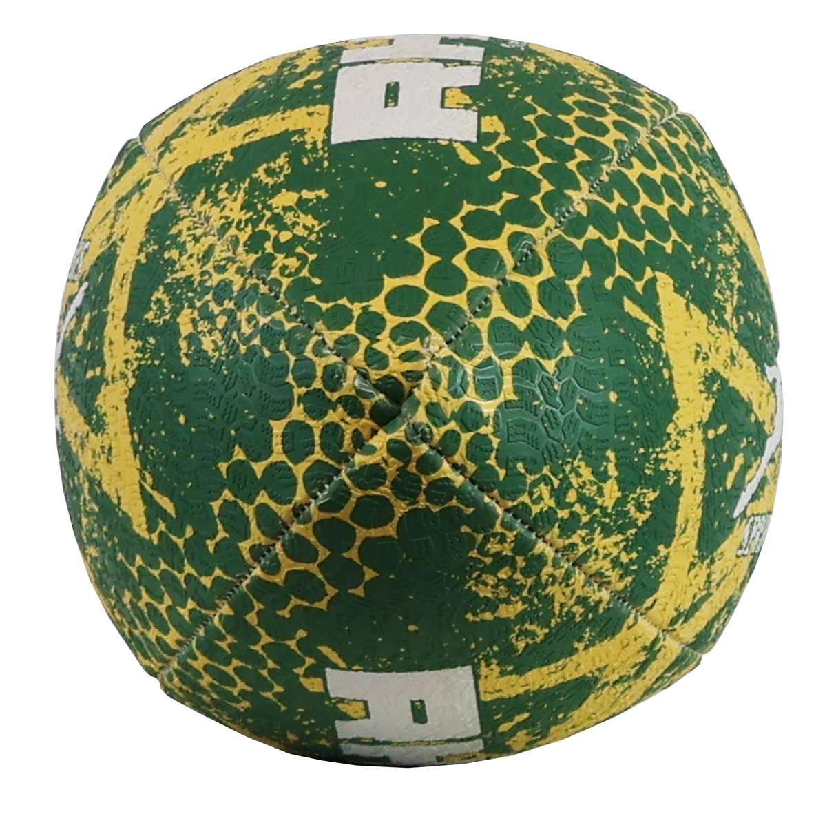 The Rhino South Africa Springboks Graffiti Ball by Rhino features a green and yellow hexagonal pattern with white lettering, resembling a Springboks rugby ball, shown isolated on a white background.