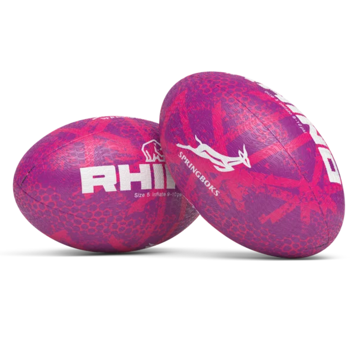 Two Rhino South Africa Springboks Graffiti Balls in pink and purple, featuring the Springboks logo, are displayed against a white background.