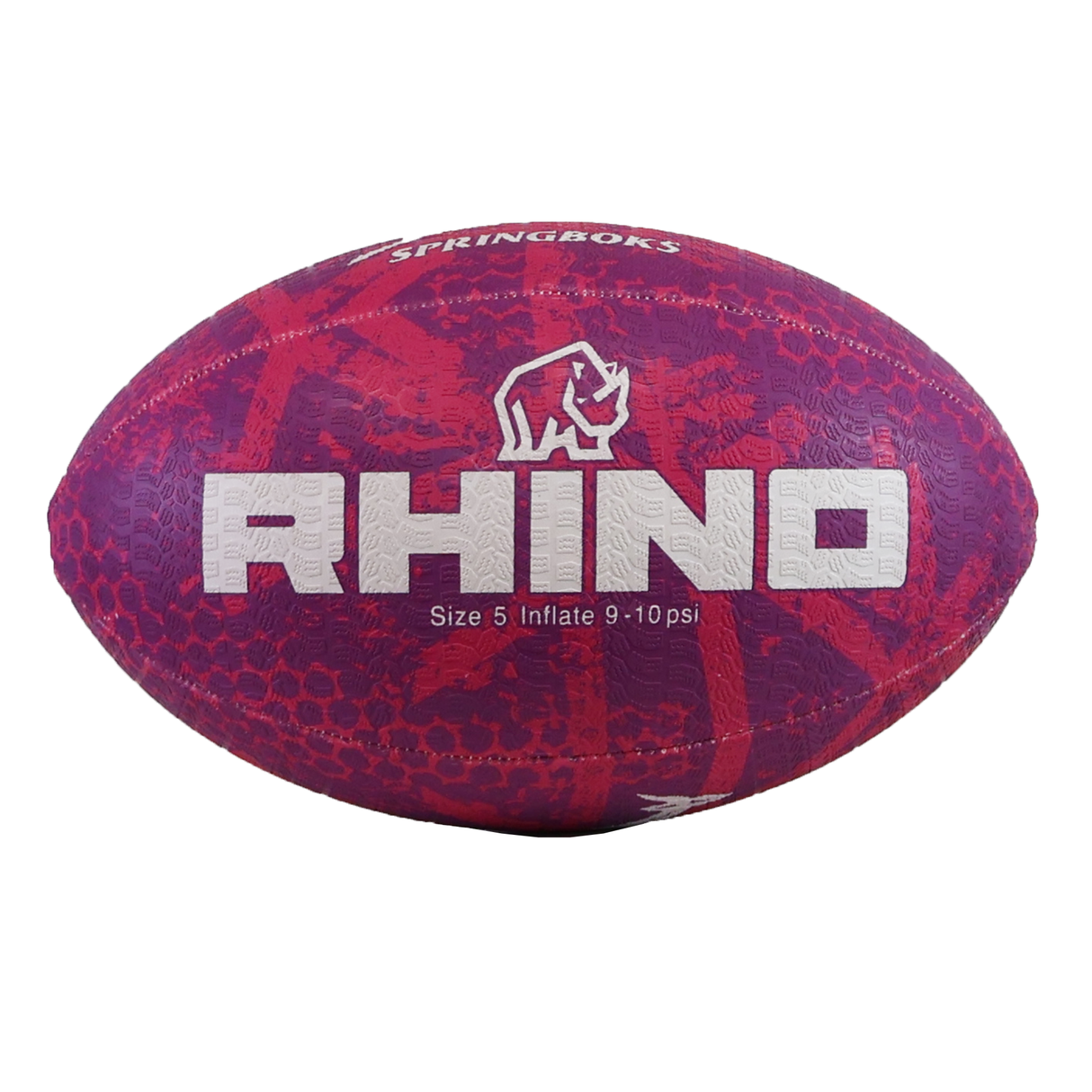The Rhino South Africa Springboks Graffiti Ball is a pink and purple rugby ball featuring the word "RHINO," the brand’s rhinoceros logo, and printed size and inflation details on its surface.