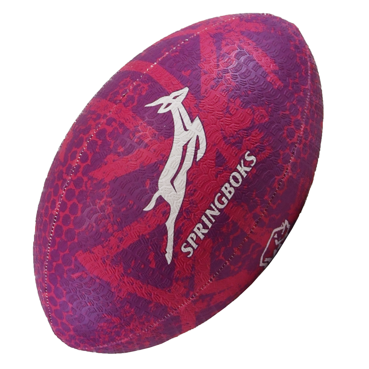 The Rhino South Africa Springboks Graffiti Ball is a purple and red rugby ball featuring the team’s logo and name in white on the side.