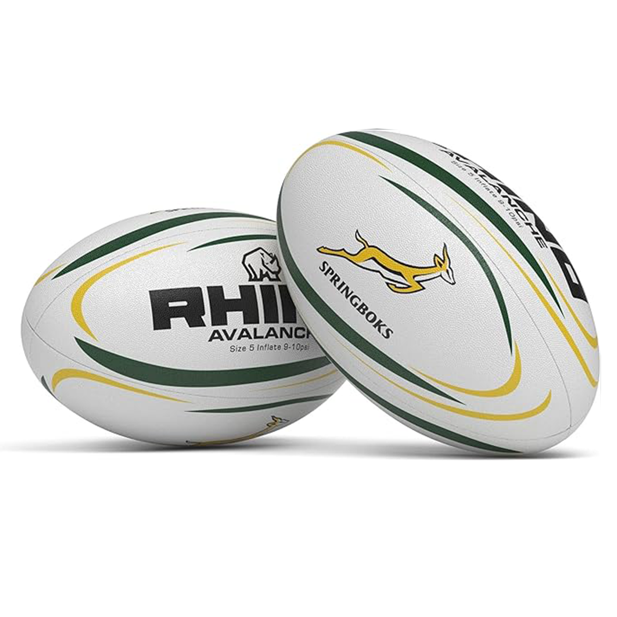 Two rugby balls with green and yellow accents: both are Rhino South Africa Springboks Avalanche Rugby Balls, featuring the RHINO logo and "Springboks" design.