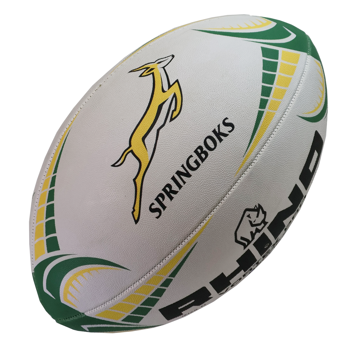 The Rhino South Africa Springboks Replica Match Ball is an official SA Rugby ball in white with green and yellow, featuring the "SPRINGBOKS" text, logo, and Rhino branding—perfect for any Springboks fan.