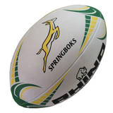 The Rhino South Africa Springboks Replica Match Ball is an official SA Rugby ball in white with green and yellow, featuring the "SPRINGBOKS" text, logo, and Rhino branding—perfect for any Springboks fan.