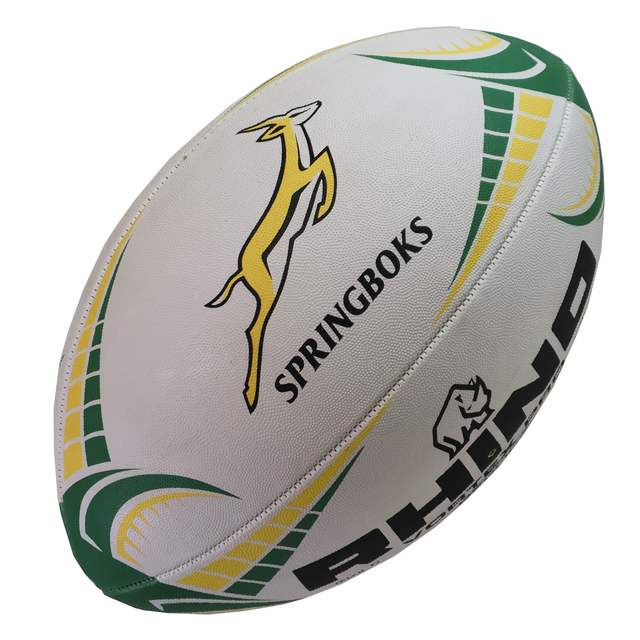 The Rhino South Africa Springboks Replica Match Ball is an official SA Rugby ball in white with green and yellow, featuring the "SPRINGBOKS" text, logo, and Rhino branding—perfect for any Springboks fan.