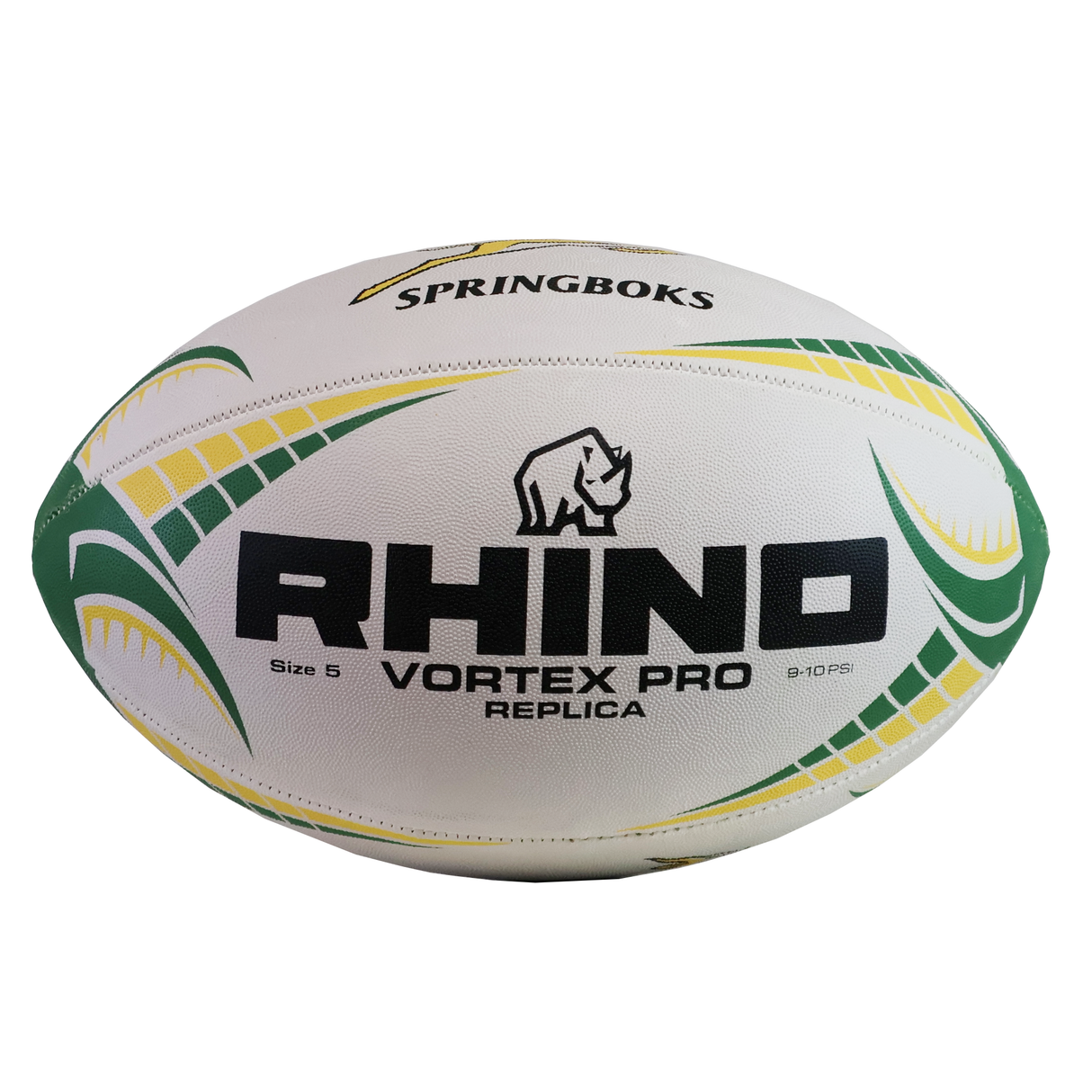 The Rhino South Africa Springboks Replica Match Ball by Rhino is a white and green rugby ball featuring "SPRINGBOKS" and the Rhino logo, making it perfect for SA Rugby fans wanting an authentic match ball.