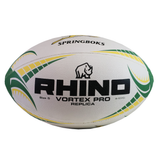 The Rhino South Africa Springboks Replica Match Ball by Rhino is a white and green rugby ball featuring "SPRINGBOKS" and the Rhino logo, making it perfect for SA Rugby fans wanting an authentic match ball.
