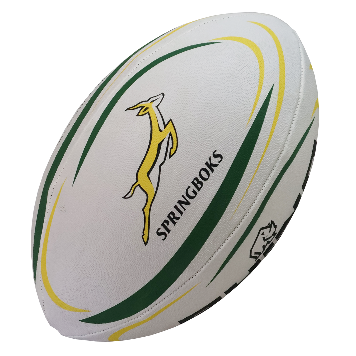 The Rhino South Africa Springboks Vortex Pro Match Ball features the Springboks logo, yellow and green curves, and "Springboks" text—an essential for any South Africa Rugby supporter.