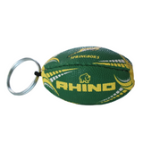 The Rhino South Africa Springboks Rugby Ball Keyring features a green and yellow rugby ball design with "RHINO" and "SPRINGBOKS" print, plus a strong metal keyring—ideal for any Springboks fan’s collection.