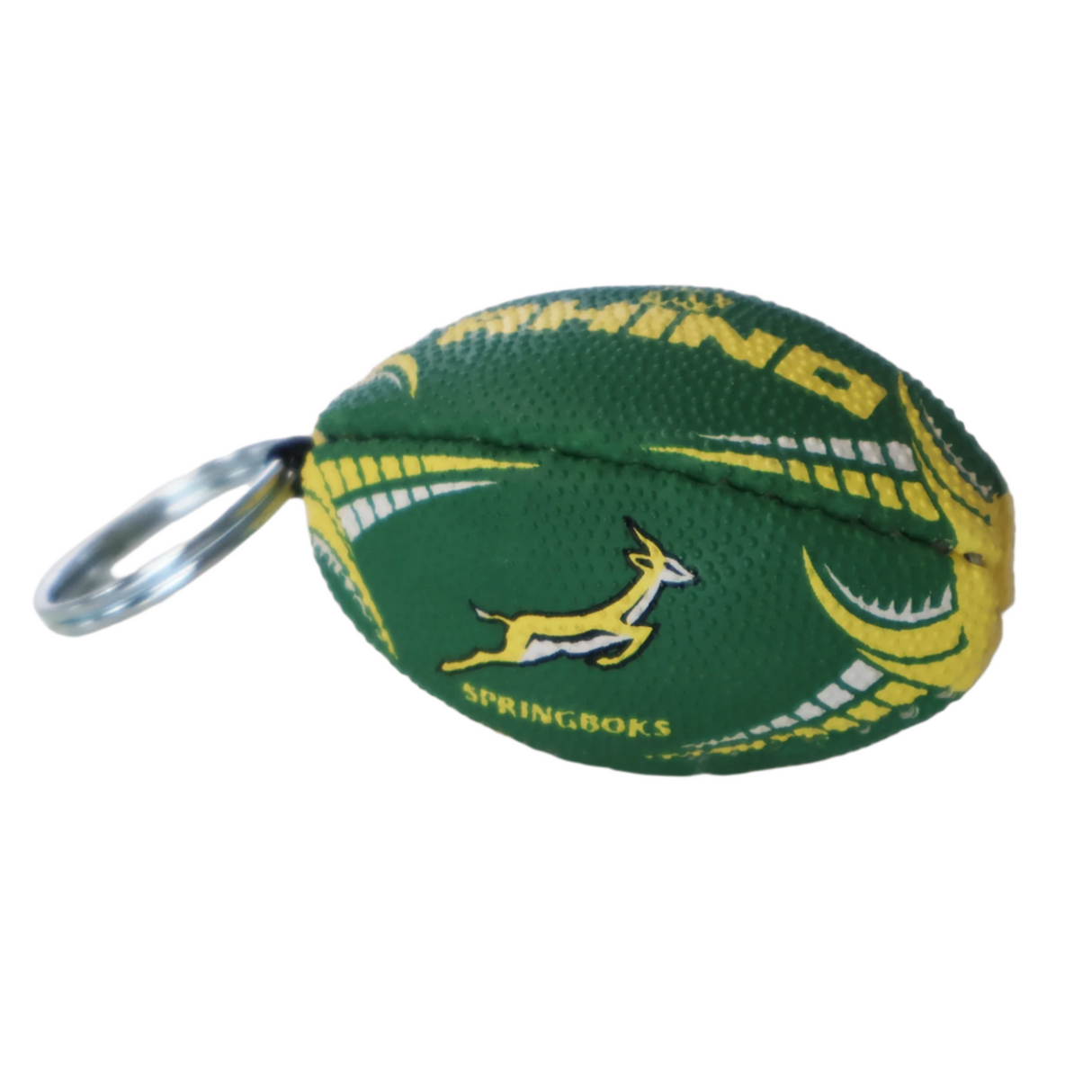 The Rhino South Africa Springboks Rugby Ball Keyring by Rhino is a small keychain shaped like a green and yellow rugby ball with the Springboks logo—ideal for South African rugby fans.