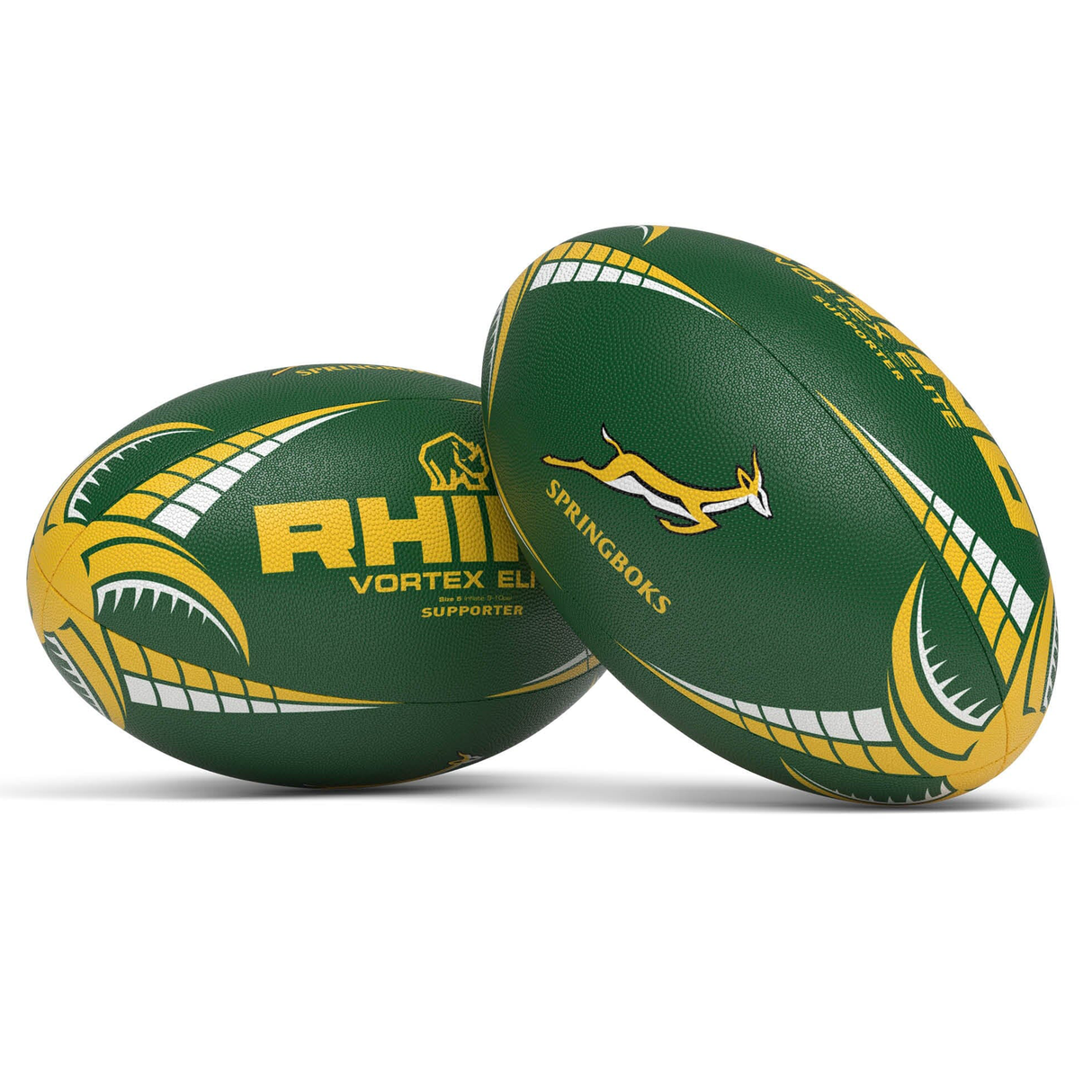 Two green and yellow Rhino South Africa Springboks Supporters Rugby Balls featuring the "Springboks" logo—ideal for any South African rugby or Rhino fan’s collection.