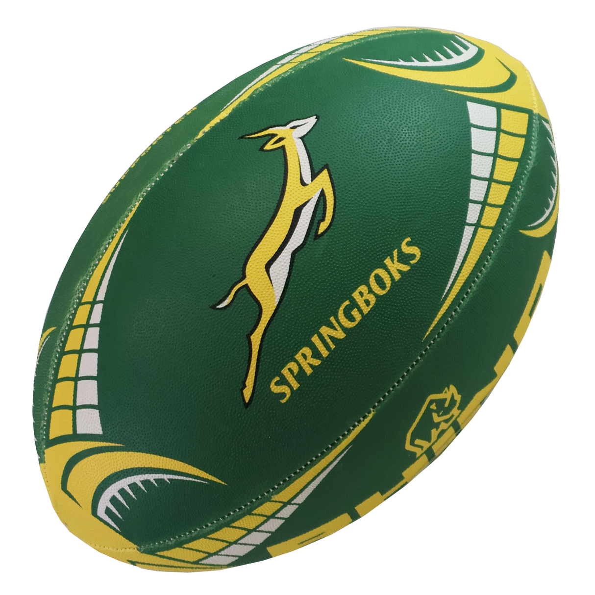 Show your support with the Rhino South Africa Springboks Supporters Rugby Ball, featuring green and yellow colors, the iconic leaping antelope logo, and “SPRINGBOKS” branding—a perfect choice for any SA Rugby fan.