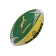 The Rhino South Africa Springboks Supporters Mini Ball by Rhino features green and yellow panels, "SPRINGBOKS" and springbok logo on one side, plus RHINO branding—ideal for any passionate Springboks rugby supporter.