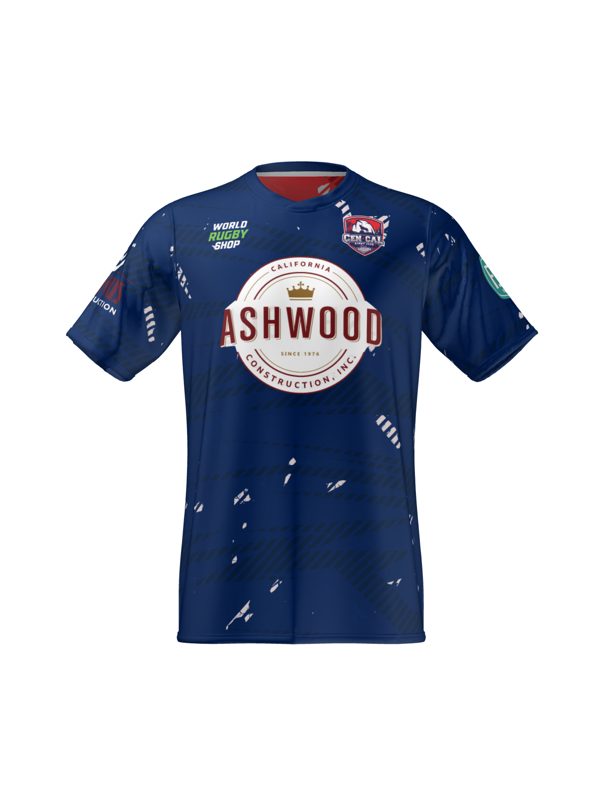 The Teamatical CenCal Rugby Reversible Jersey is blue with “ASHWOOD” and “California Construction LLC” on the front, includes sponsor logos, and features subtle white graphic accents.