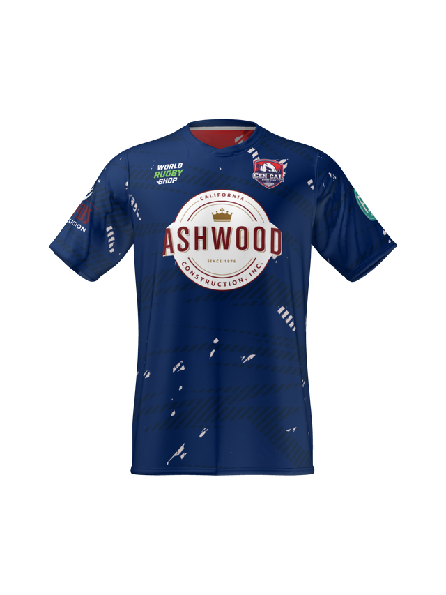 The Teamatical CenCal Rugby Reversible Jersey is blue with “ASHWOOD” and “California Construction LLC” on the front, includes sponsor logos, and features subtle white graphic accents.