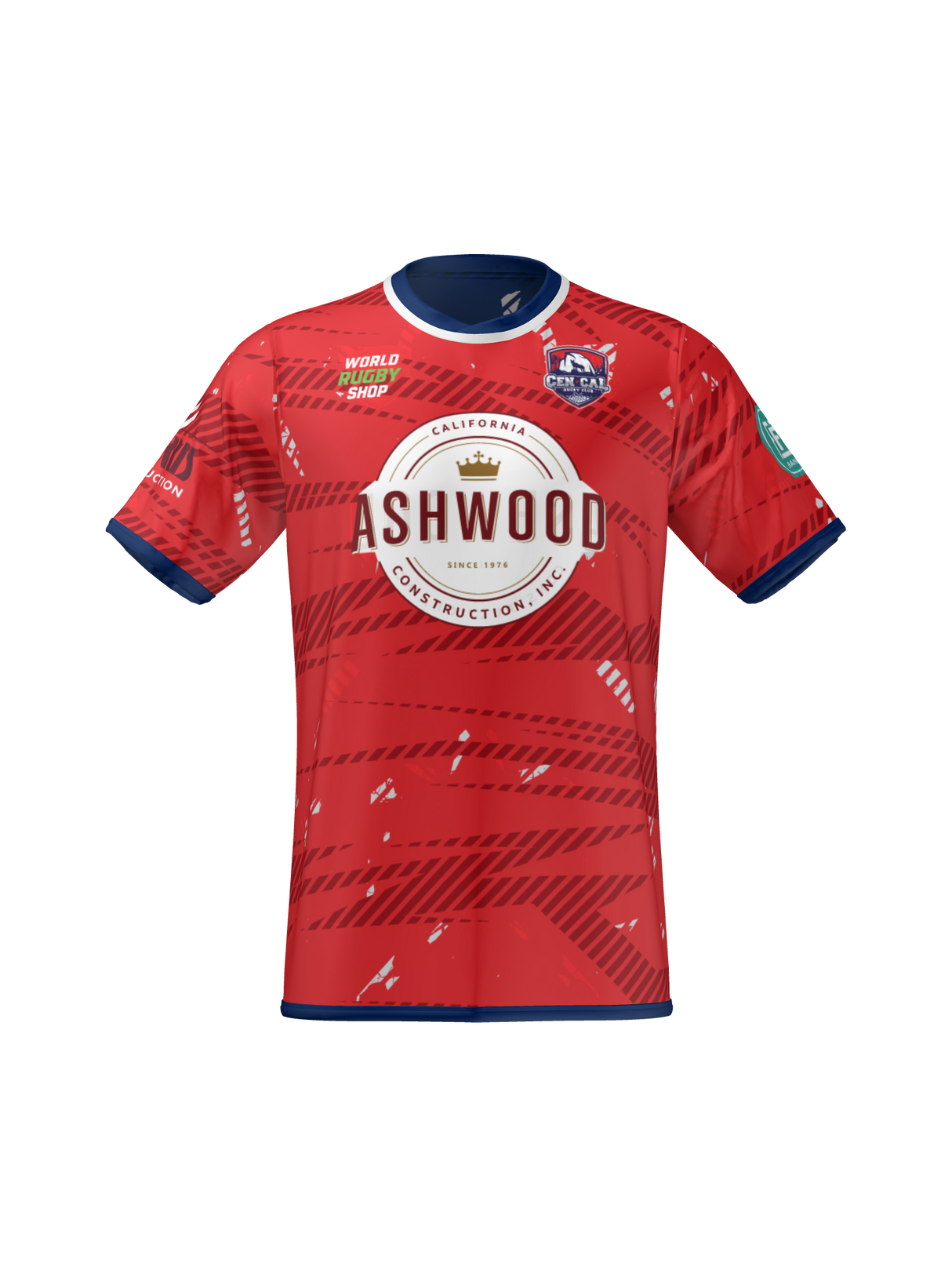 The Teamatical CenCal Rugby Reversible Jersey is red with a blue collar and cuffs, featuring "Ashwood Construction Inc." on the front plus sponsor logos on the chest and sleeves.