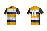 Front and back view of a yellow and dark blue Mother Lode Player Bundle rugby jersey with horizontal stripes, sponsor logos on the chest, and the number 10 on the back.