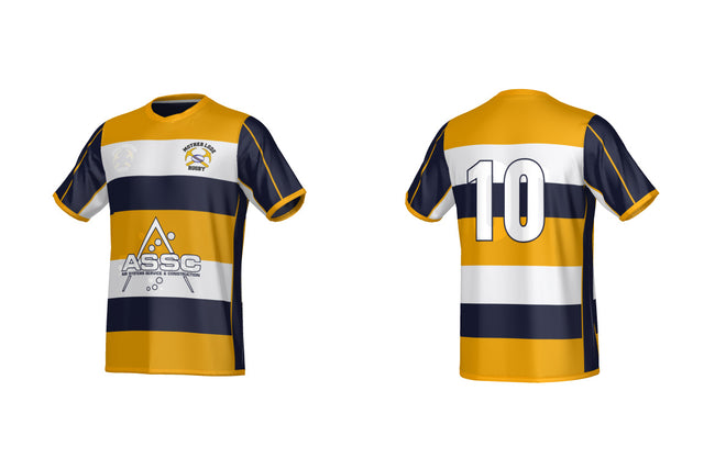 Front and back views of a yellow and dark blue striped Mother Lode Youth Player Bundle rugby jersey with the number 10 on the back and sponsor logos on the front.