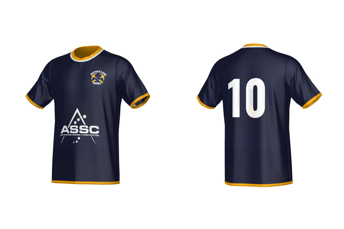 Front and back view of the navy blue Mother Lode Player Bundle short-sleeved jersey with yellow trim, featuring a rugby club logo, a corporate logo on the front, and the number 10 on the back.