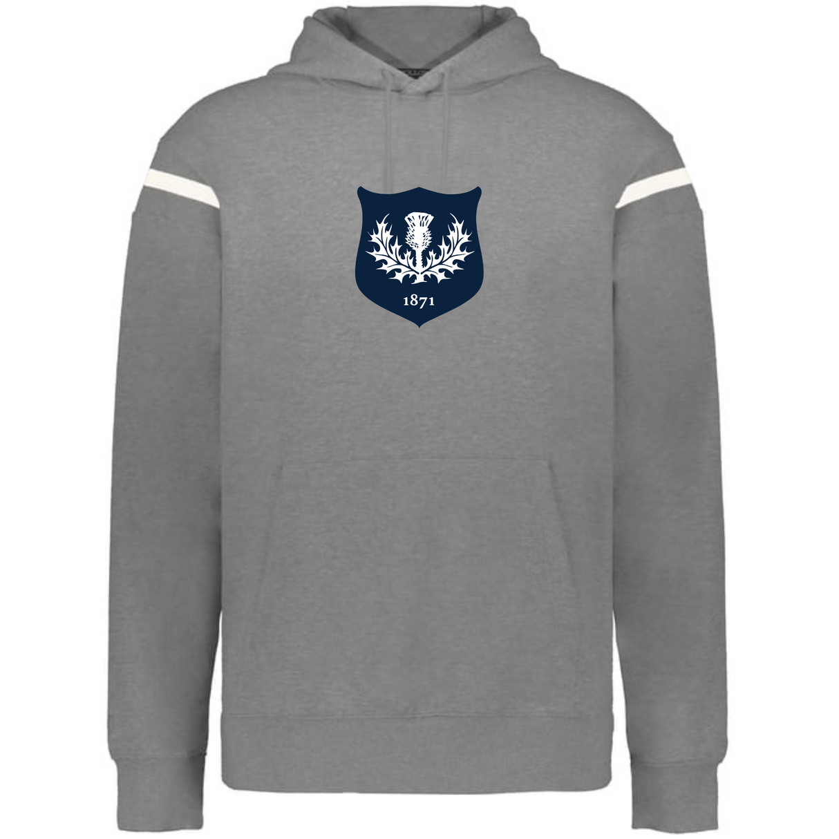 The WRS Augusta Scotland Heritage Prep Vintage Shield Hoodie features a gray design with white sleeve stripes and a navy crest with white thistle and "1871"—blending classic prep style with authentic Scottish heritage.