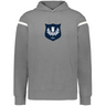 The WRS Augusta Scotland Heritage Prep Vintage Shield Hoodie features a gray design with white sleeve stripes and a navy crest with white thistle and "1871"—blending classic prep style with authentic Scottish heritage.