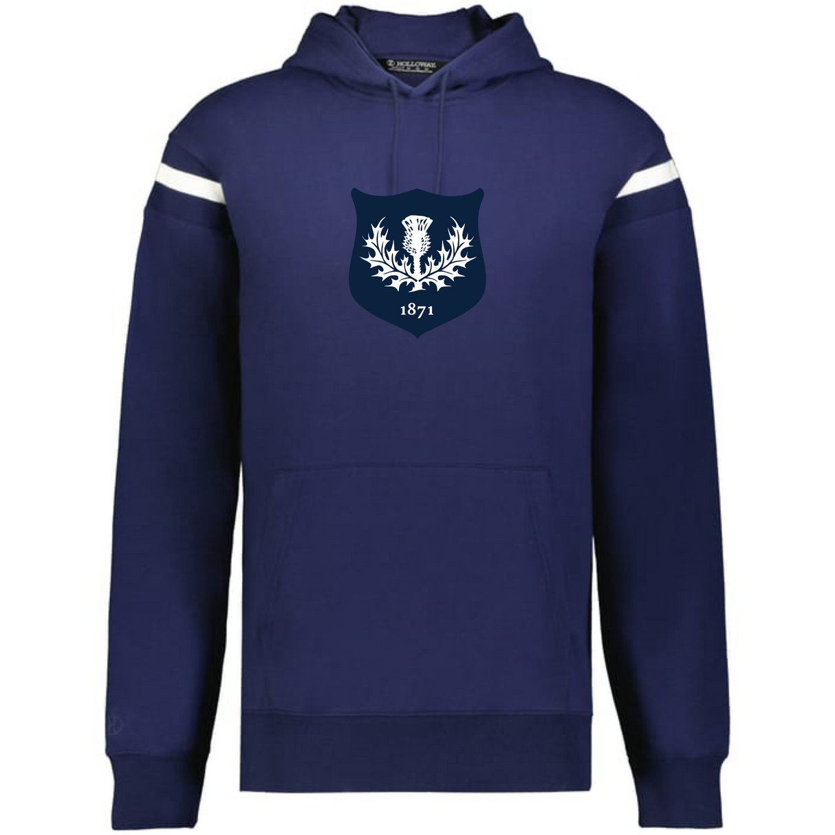 The WRS Augusta Scotland Heritage Prep Vintage Shield Hoodie features navy blue fabric, white sleeve stripes, and a chest crest with a thistle and "1871," celebrating Scottish heritage.