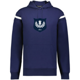 The WRS Augusta Scotland Heritage Prep Vintage Shield Hoodie features navy blue fabric, white sleeve stripes, and a chest crest with a thistle and "1871," celebrating Scottish heritage.