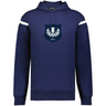 The WRS Augusta Scotland Heritage Prep Vintage Shield Hoodie features navy blue fabric, white sleeve stripes, and a chest crest with a thistle and "1871," celebrating Scottish heritage.