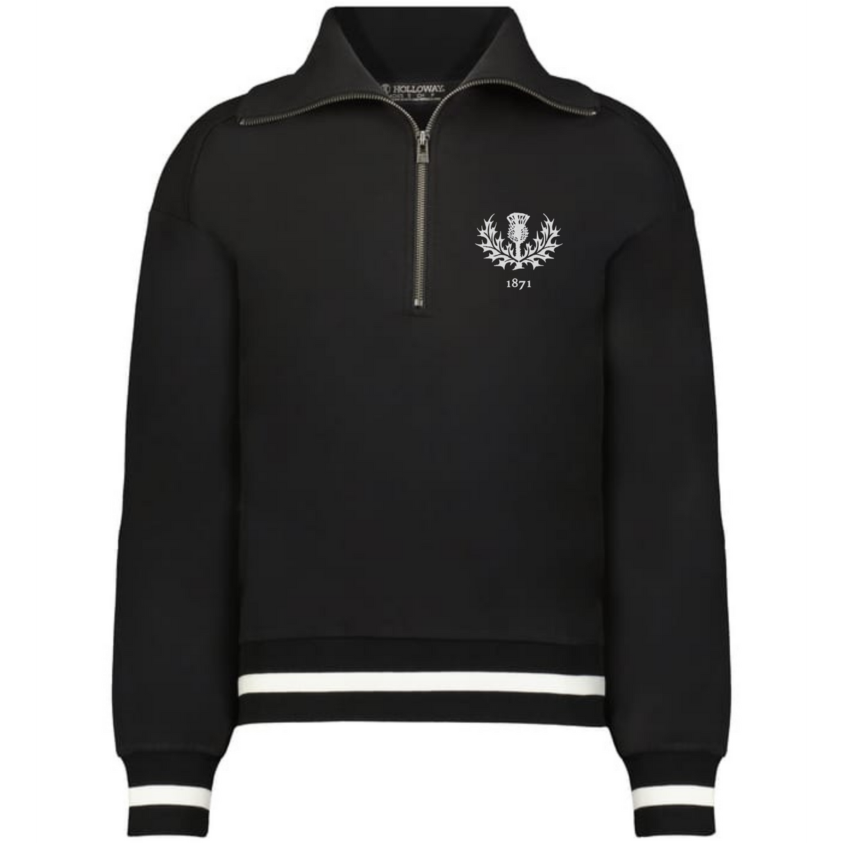 The EMB Augusta Women's Vintage Scotland Heritage Prep Pullover features a black half-zip collar, white-striped cuffs and hem, and an embroidered "1871" crest for classic style.